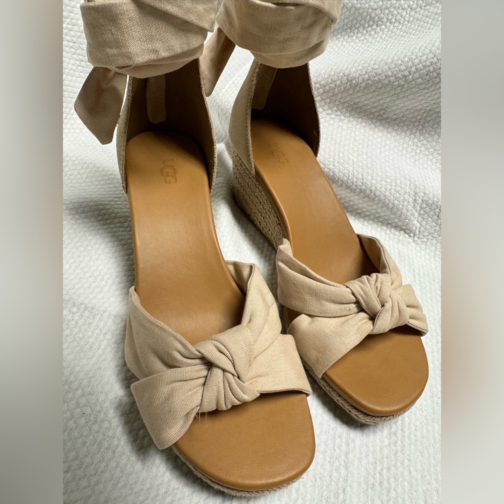 UGG Tan Wedge Sandals with Suede Knot Design